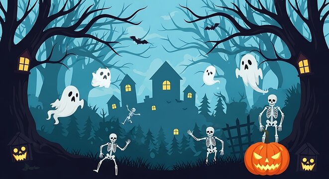 Spooky halloween night featuring floating spirits, creepy skeletons, glowing pumpkins, and haunted forest trees under a full moon creating a terrifying seasonal celebration landscape view