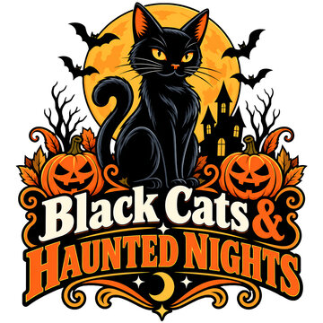 Black Cats and Haunted Nights Halloween Vintage Typography with Pumpkins and Full Moon