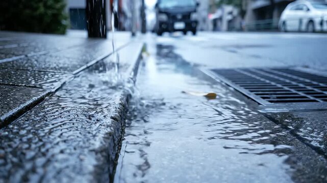 Raindrops falling on wet city street pavement