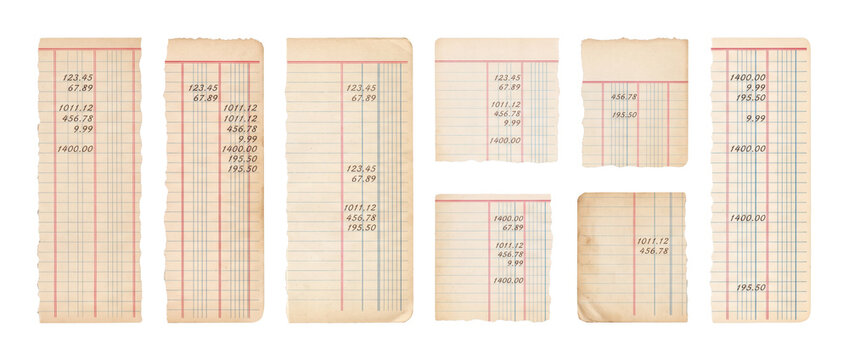Set of vintage blank accounting ledger sheets, columnar payroll slips and lined office invoices. Retro business bookkeeping paper stationery assets on white background template display.