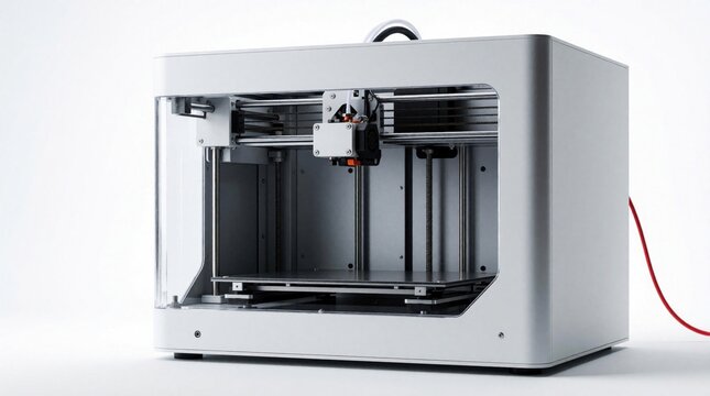 Modern 3D printer operates on white background. Device prepares object layer by layer. Future tech manufacturing innovation. Digital creation tool for prototypes, models. Machine sleek metal frame.