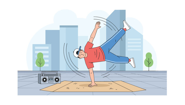 Breakdancer performs a stylish one-handed freeze move on a piece of cardboard on a city sidewalk with urban buildings in the background.
