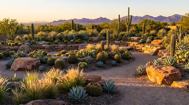 Beautiful tall saguaro cactus plants growing in a sunny desert garden during a calm golden hour sunset. arizona yard