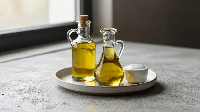 Glass oil and vinegar cruets with cork stoppers on a tray with a salt shaker