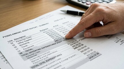 Obraz premium Hand pointing to an audit total on a printed sheet