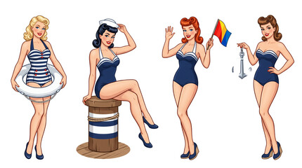 Fototapeta premium Set vintage 1950s retro nautical sailor pin-up girl illustrations wearing striped retro swimsuits. Classic glamour beach beauty fashion characters isolated on white background template display.