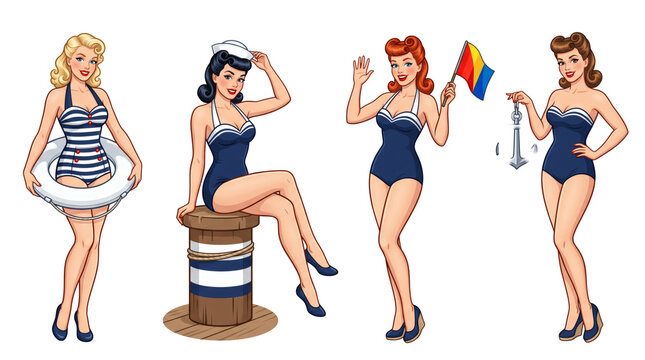 Set vintage 1950s retro nautical sailor pin-up girl illustrations wearing striped retro swimsuits. Classic glamour beach beauty fashion characters isolated on white background template display.