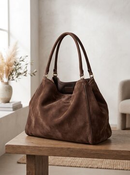 Elegant brown suede shoulder bag, showcasing its luxurious texture and stylish design, beautifully displayed on a rustic wooden table in a bright and sophisticated interior