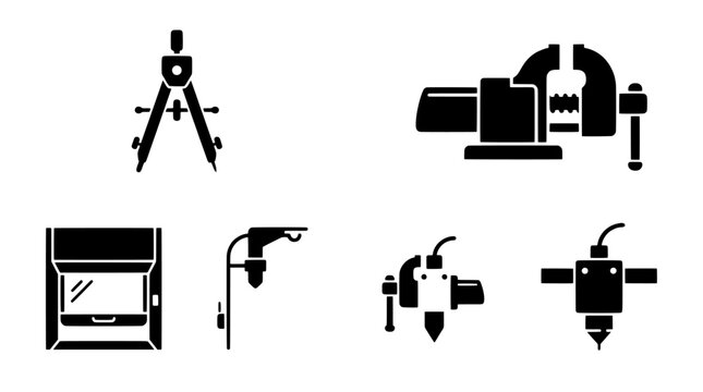 Minimalist industrial manufacturing vector icon set. Precision drafting compass, heavy bench vise, and machinery tooling components perfect for engineering diagrams, blueprints, and manuals.