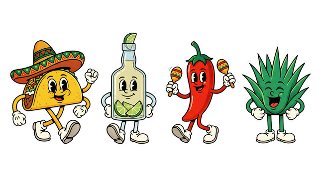 Cute cartoon Mexican fiesta mascots: dancing taco, tequila bottle, red hot chili pepper and cactus. Whimsical Cinco de Mayo Mexican food party characters on white background template display.