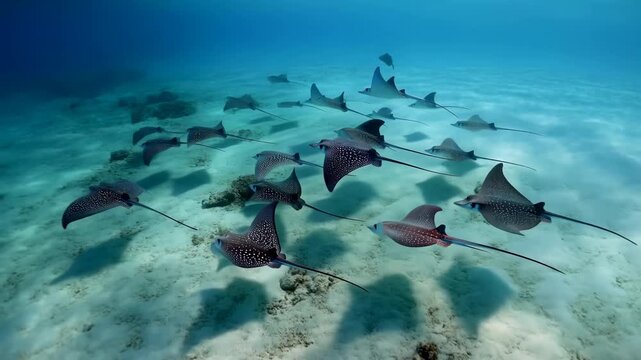 Spotted rays glide together above a pale sandy seabed, their broad patterned fins and long tails moving through clear blue water as the group passes scattered coral and rock