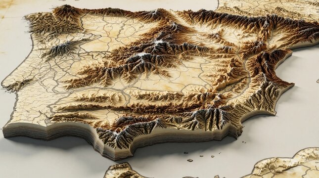 3D GIS terrain model shows Iberian Peninsula topography with realistic DEM, DSM data. Digital landscape visualization features detailed mountain ranges, valleys, coastal borders. Scientific map