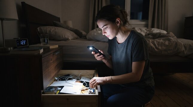 Woman searching through bedside drawer at night with phone flashlight