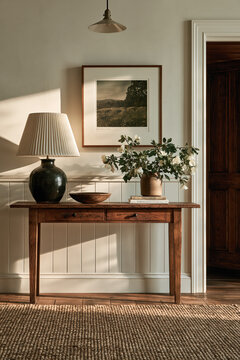 Warm hallway console table with lamp, artwork, plant, and sunlight