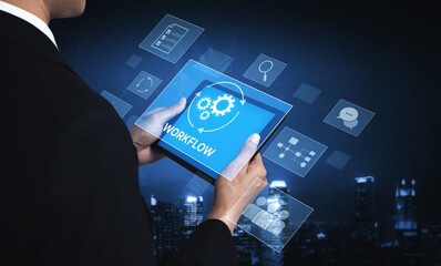 Workflow optimization concept featuring interconnected gears, task management, collaboration,...