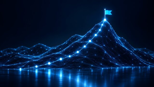 Digital network graph forming a mountain landscape with a glowing blue flag on the summit symbolizing success and achievement in technology.