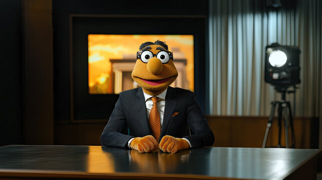 Funny puppet news anchor in business suit presenter broadcasting from TV newsroom