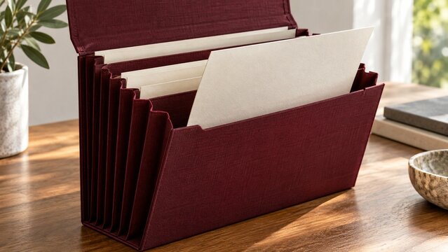 白い用紙を仕分けて木製机に立てた赤い蛇腹式書類ファイル