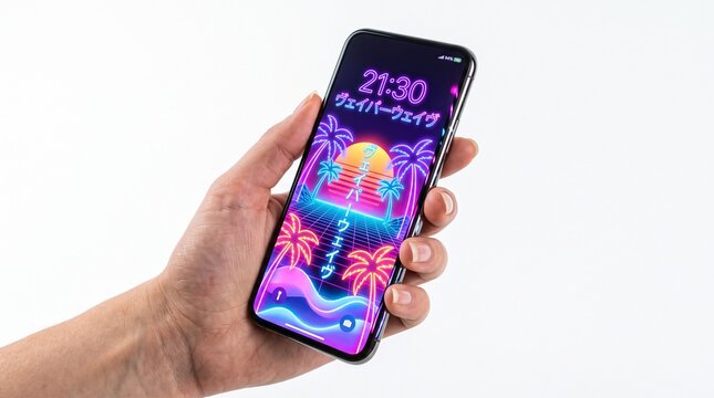 Neon Paradise Lockscreen: A hand holds a smartphone displaying a vibrant, retro-futuristic lockscreen with neon palm trees, a sunset, and Japanese text.