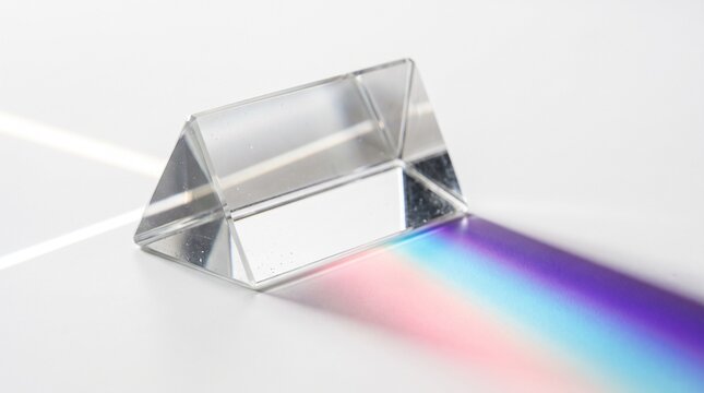 Light Dispersion through a Glass Prism: A triangular glass prism refracts a beam of white light, splitting it into a vibrant spectrum of colors on a white surface.