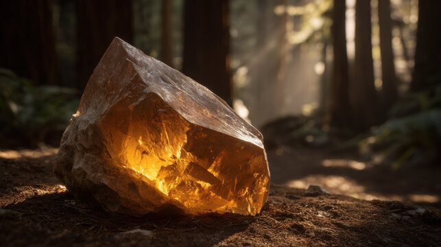 A large, warm golden citrine crystal point radiating light on a natural forest floor