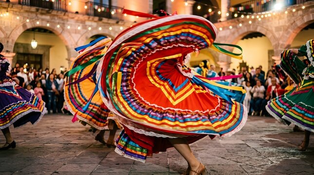 Mexican Folklorico dancers in vibrant spinning dresses performing at a traditional outdoor evening festival for cultural travel editorial