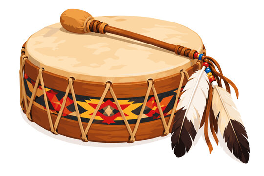 Indigenous drum with feathers and design on a flat vector background illustrating cultural significance