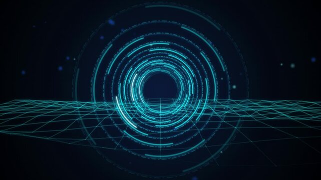 Cyan HUD target rings rotating over 3D terrain seamless loop