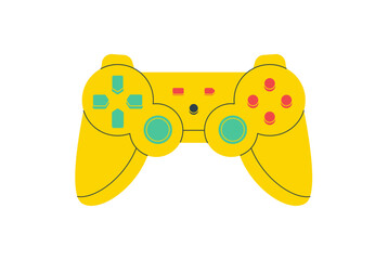 Cartoon y2k controller sticker in bright yellow patch style. Retro gamepad stands out as gadget and joystick badge, video game element with playful appeal, flat look, entertainment and pop © Moonnoon