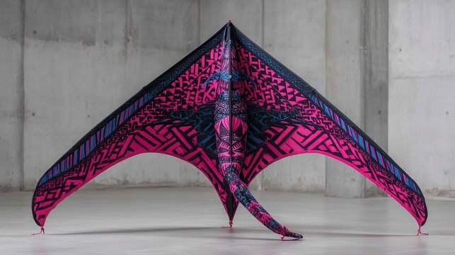 A striking kite with a bold geometric pattern of interlocking triangles, ready for flight