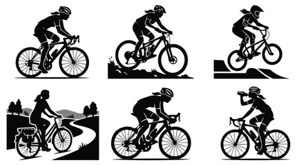 Fototapeta premium Female Cyclists Riding Bicycle Poses Vector Silhouette Collection 