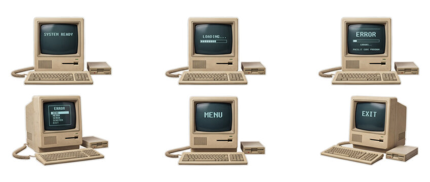 Set of vintage 1980s retro desktop personal computer PC workstations with CRT monitors and disk drives. Nostalgic early office computing technology hardware on white background template display.