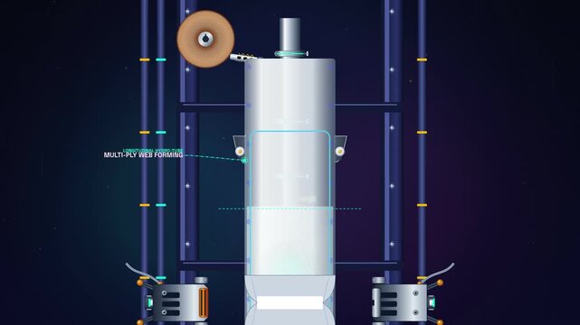 3D technical animation of aseptic milk packaging process showing multi-ply web forming, under-liquid sealing, total gas exclusion, ultrasonic pulse welding, and 3D kinetic folding