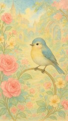 Fototapeta premium Whimsical bird amidst floral dreamscape mobile wallpaper