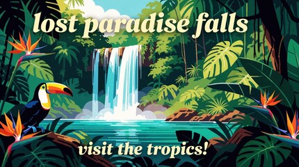 Fototapeta premium Tropical waterfall flows into blue lagoon in jungle. Colorful toucan bird sits on branch near exotic flowers. Vibrant green foliage, palm leaves surround scenic paradise landscape. Beautiful nature