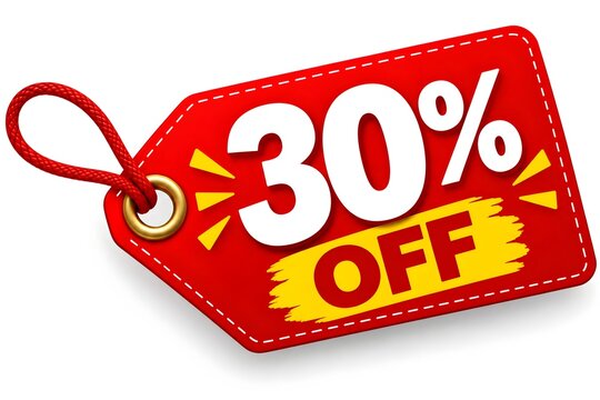 Red promotional price tag featuring white 30 percent off text and yellow