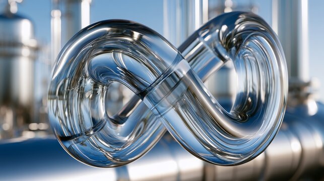 Infinity symbol forming a glass pipeline loop, symbolizing endless processes, circular economy, and sustainable industrial cycles in a modern factory setting