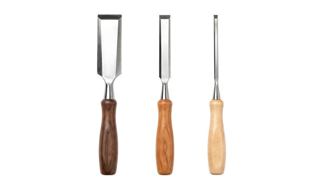 Three professional woodworking chisels with wooden handles isolated element on transparent background