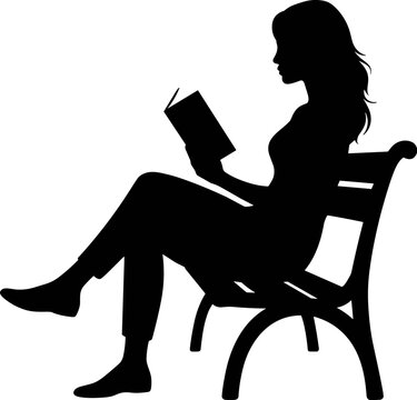 Full body black silhouette vector of a woman sitting on a park bench reading a book isolated on a white background for education concepts.