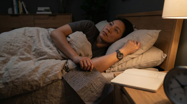 Adult Wearing Sleep Tracker in a Dim Bedroom, Awake and Restless