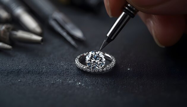 Diamond ring being meticulously handcrafted in a professional workshop with macro sharp focus and moody lighting for luxury jewelry advertising
