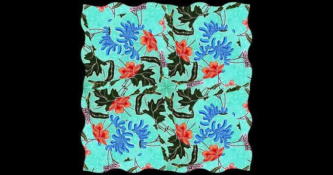 30 second Colorful batik motif of kaleidoscope animation with vibrant floral and leaf patterns in blue, red, pink, and green, looping seamlessly against a square transparent background.