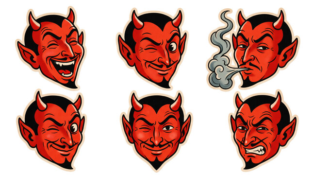 Set of retro cartoon red devil face stickers with diverse expressions: laughing, winking and angry. Spooky playful Halloween demon horned character mascots on white background template display.