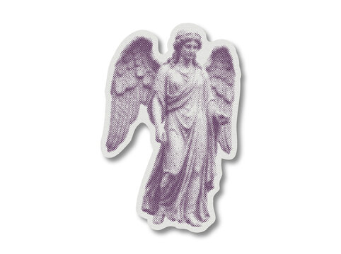 Winged angel statue graphic element in halftone dot print style isolated on transparent background