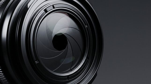 Close up photography of professional camera lens aperture mechanism shows precise engineering details in powerful dramatic style