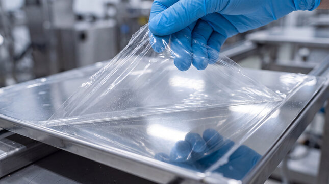 Hand peeling transparent film from metal plate shows cautious precision process in factory setting