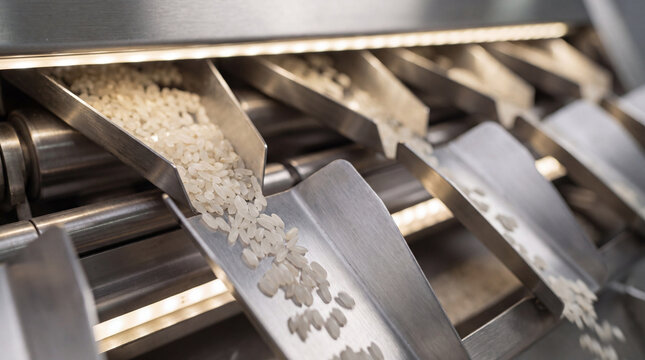 White rice grain moving through metal funnel machine conveys organic agricultural harvest production efficiency in industrial factory