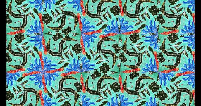 40 second Colorful batik motif kaleidoscope animation with vibrant floral and leaf patterns in blue, red, pink, and green, looping seamlessly against a rectangle transparent background.
