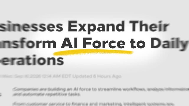 AI Force Highlighted Word in Headline. Artificial Intelligence, AI Surveillance, AI Technology Development, Smart Monitoring Technology, Oversee Industry, Automation, Tech News. 4K Motion Graphics