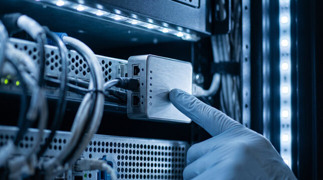 Technician pressing server switch network equipment cloud storage infrastructure connectivity engineering maintenance professional focus
